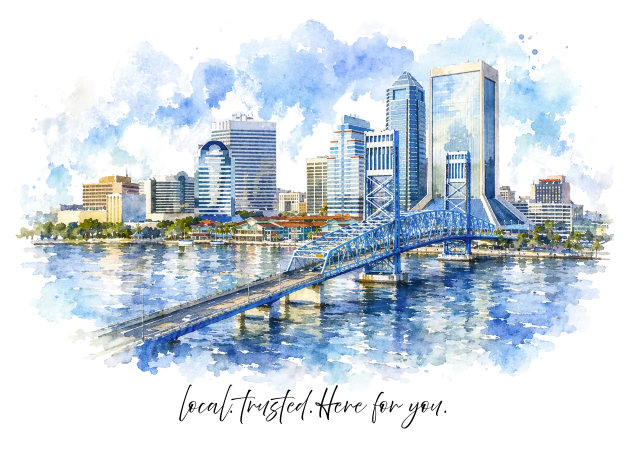 Watercolor illustration of the Jacksonville skyline and Main Street Bridge
